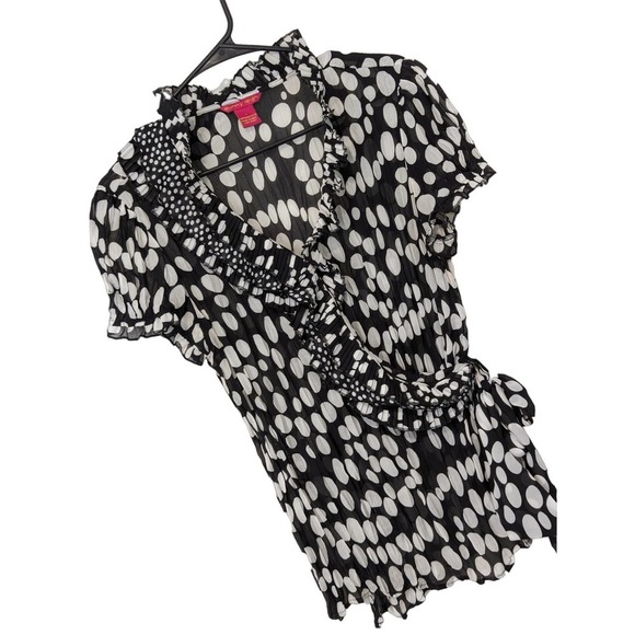 NWOT! SUNNY LEIGH! "SCRUNCHY" BLACK, TAN POLKA DOTS, RUFFLED BLOUSE, TOP! SZ L - Picture 1 of 6